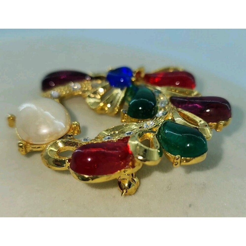 Vintage Unbranded Multicolor Jelly Belly & Rhinestone Wreath Brooch Gold Tone - Picture 3 of 7